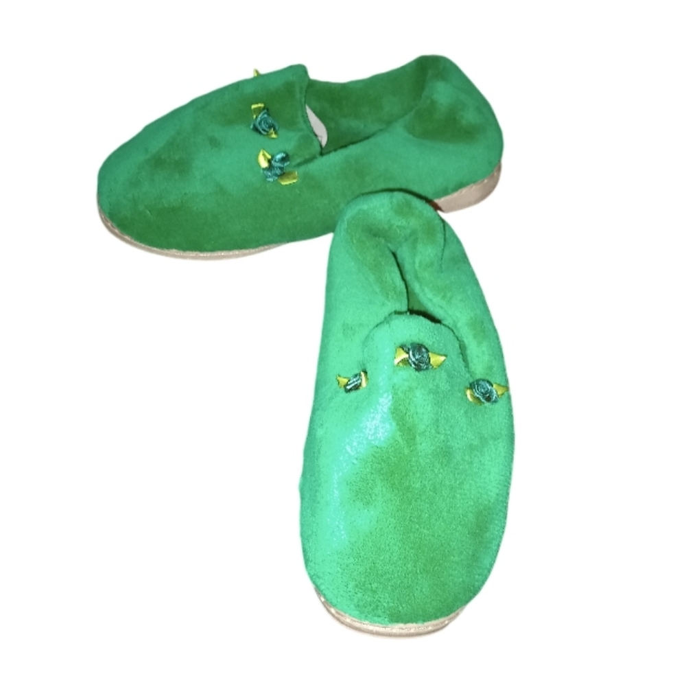 Vintage Green Velvet Feel Slippers - Emerald Green Ribbon Flower Rosette Mules